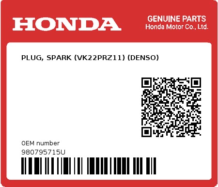 Product image: Honda - 980795715U - PLUG, SPARK (VK22PRZ11) (DENSO)  0