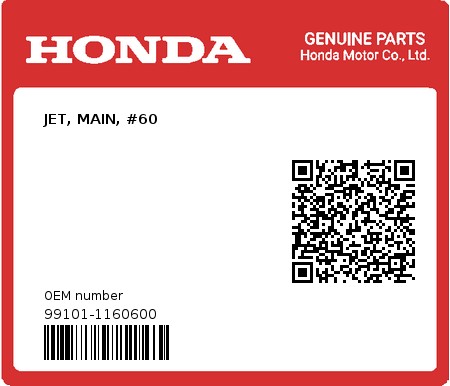 Product image: Honda - 99101-1160600 - JET, MAIN, #60  0