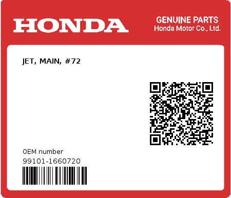 Product image: Honda - 99101-1660720 - JET, MAIN, #72  0