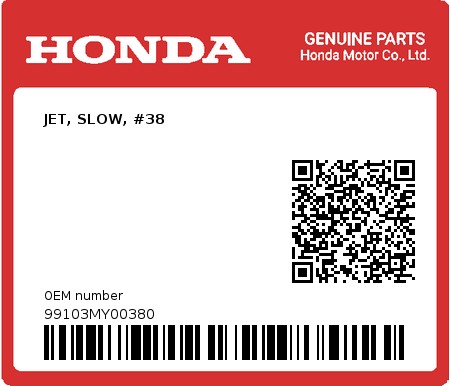 Product image: Honda - 99103MY00380 - JET, SLOW, #38  0