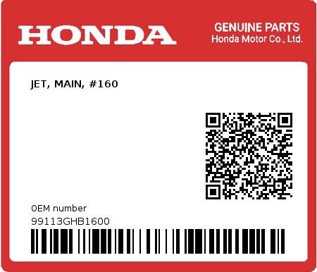 Product image: Honda - 99113GHB1600 - JET, MAIN, #160  0
