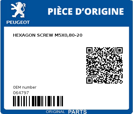 Product image: Peugeot - 064797 - HEXAGON SCREW M5X0,80-20  0
