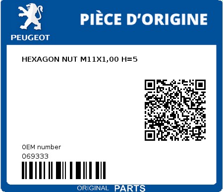 Product image: Peugeot - 069333 - HEXAGON NUT M11X1,00 H=5  0
