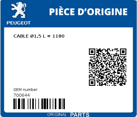 Product image: Peugeot - 700644 - CABLE Ø1,5 L = 1180  0