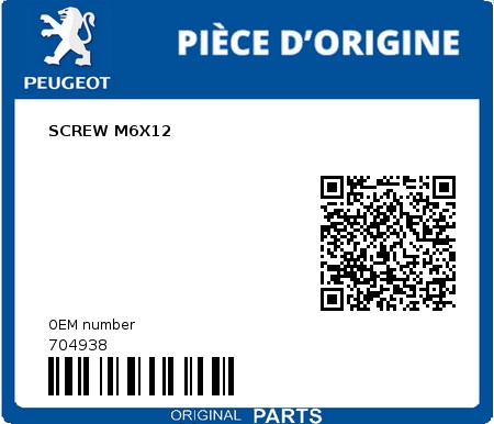 Product image: Peugeot - 704938 - SCREW M6X12  0