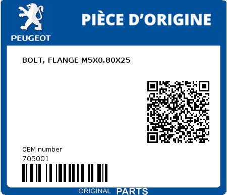 Product image: Peugeot - 705001 - BOLT, FLANGE M5X0.80X25  0