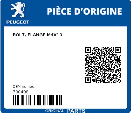 Product image: Peugeot - 706498 - BOLT, FLANGE M4X10  0