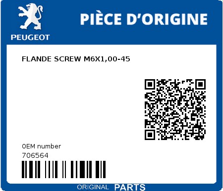 Product image: Peugeot - 706564 - FLANDE SCREW M6X1,00-45  0
