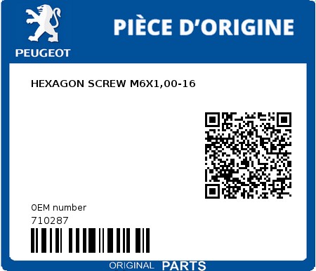 Product image: Peugeot - 710287 - HEXAGON SCREW M6X1,00-16  0