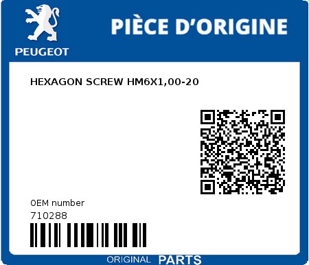 Product image: Peugeot - 710288 - HEXAGON SCREW HM6X1,00-20  0