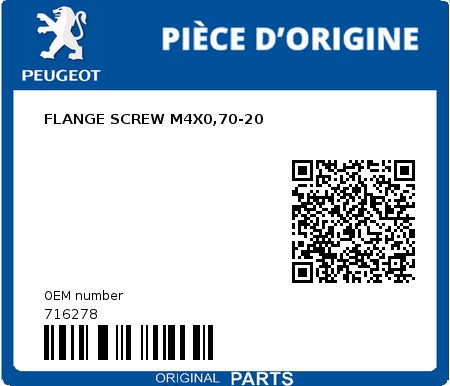 Product image: Peugeot - 716278 - FLANGE SCREW M4X0,70-20  0