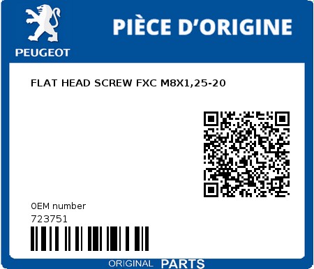 Product image: Peugeot - 723751 - FLAT HEAD SCREW FXC M8X1,25-20  0