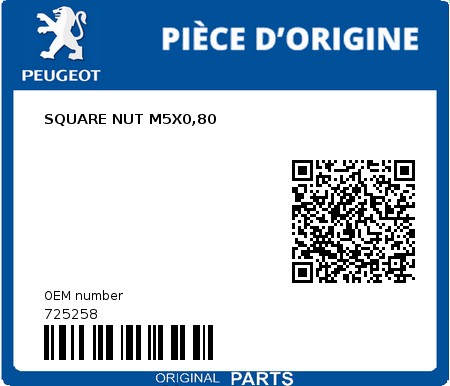 Product image: Peugeot - 725258 - SQUARE NUT M5X0,80  0