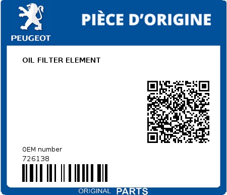 Product image: Peugeot - 726138 - OIL FILTER ELEMENT  0