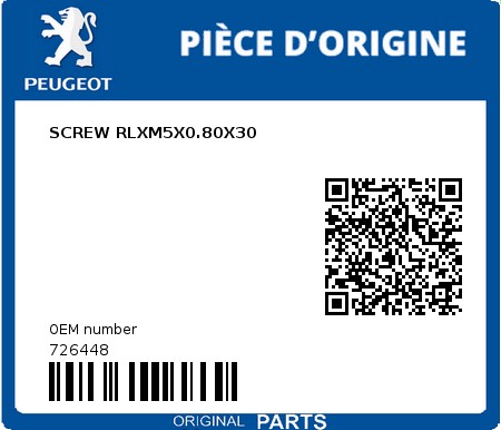 Product image: Peugeot - 726448 - SCREW RLXM5X0.80X30  0