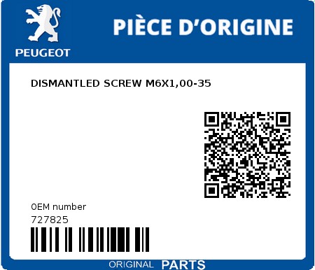 Product image: Peugeot - 727825 - DISMANTLED SCREW M6X1,00-35  0