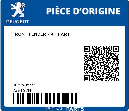 Product image: Peugeot - 729197N - FRONT FENDER - RH PART  0