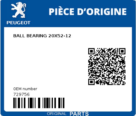 Product image: Peugeot - 729756 - BALL BEARING 20X52-12  0