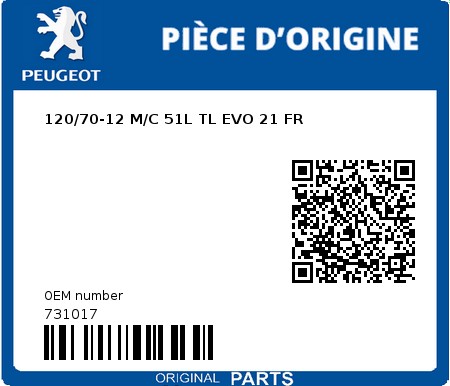 Product image: Peugeot - 731017 - 120/70-12 M/C 51L TL EVO 21 FR  0
