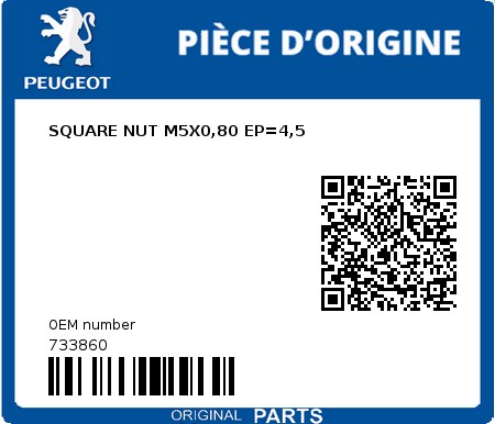 Product image: Peugeot - 733860 - SQUARE NUT M5X0,80 EP=4,5  0