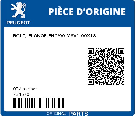 Product image: Peugeot - 734570 - BOLT, FLANGE FHC/90 M6X1.00X18  0