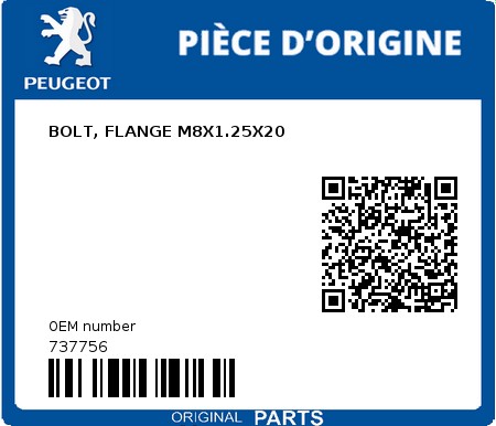 Product image: Peugeot - 737756 - BOLT, FLANGE M8X1.25X20  0