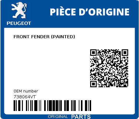 Product image: Peugeot - 738064VT - FRONT FENDER (PAINTED)  0