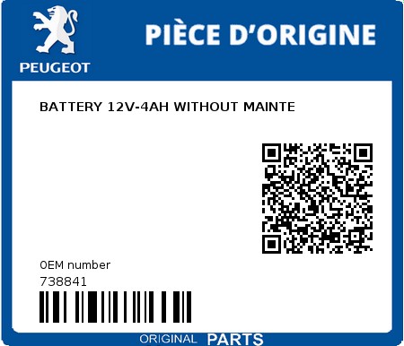 Product image: Peugeot - 738841 - BATTERY 12V-4AH WITHOUT MAINTE  0