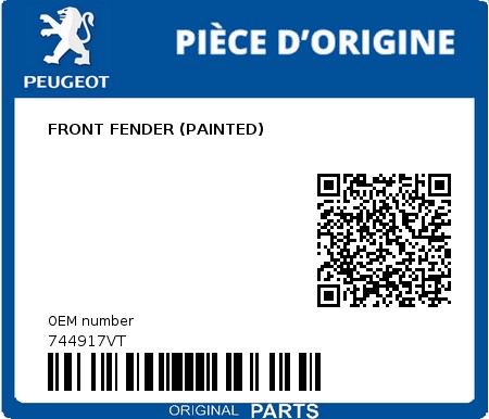 Product image: Peugeot - 744917VT - FRONT FENDER (PAINTED)  0