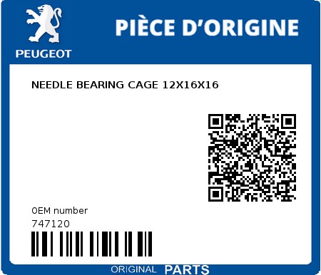 Product image: Peugeot - 747120 - NEEDLE BEARING CAGE 12X16X16  0