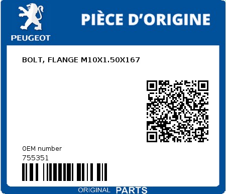 Product image: Peugeot - 755351 - BOLT, FLANGE M10X1.50X167  0