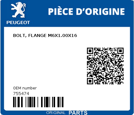 Product image: Peugeot - 755474 - BOLT, FLANGE M6X1.00X16  0