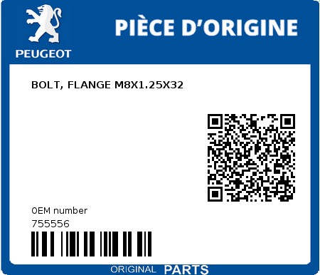 Product image: Peugeot - 755556 - BOLT, FLANGE M8X1.25X32  0