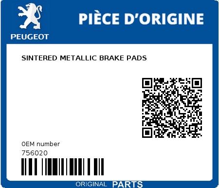 Product image: Peugeot - 756020 - SINTERED METALLIC BRAKE PADS  0
