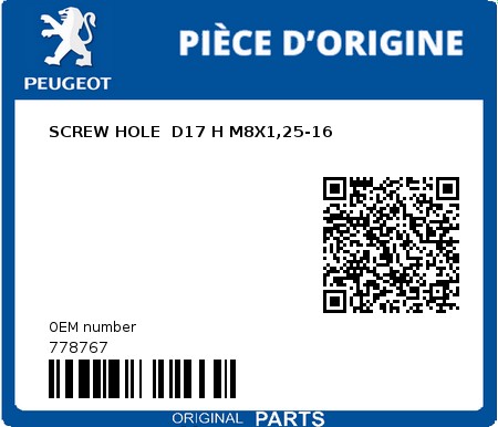 Product image: Peugeot - 778767 - SCREW HOLE  D17 H M8X1,25-16  0