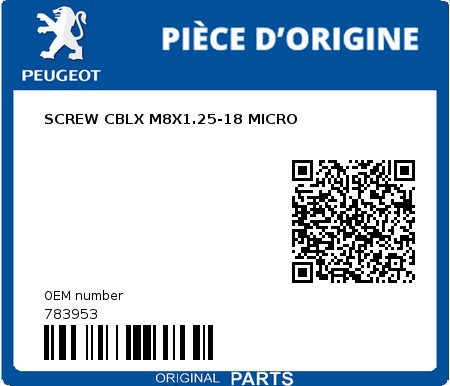 Product image: Peugeot - 783953 - SCREW CBLX M8X1.25-18 MICRO  0