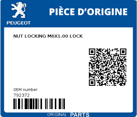 Product image: Peugeot - 792372 - NUT LOCKING M6X1.00 LOCK  0