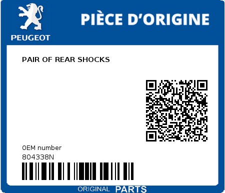 Product image: Peugeot - 804338N - PAIR OF REAR SHOCKS  0