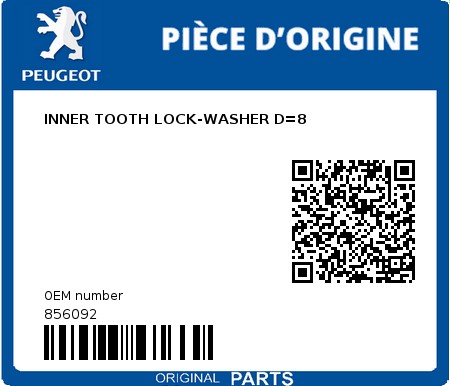 Product image: Peugeot - 856092 - INNER TOOTH LOCK-WASHER D=8  0