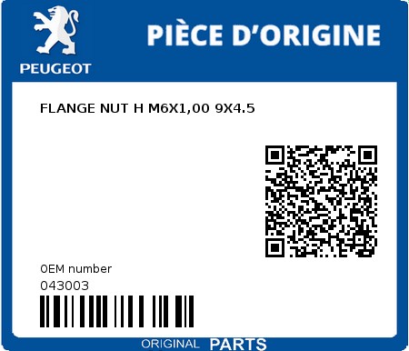 Product image: Peugeot - 043003 - FLANGE NUT H M6X1,00 9X4.5  0