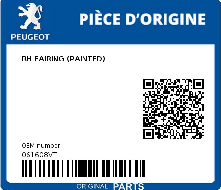 Product image: Peugeot - 061608VT - RH FAIRING (PAINTED)  0