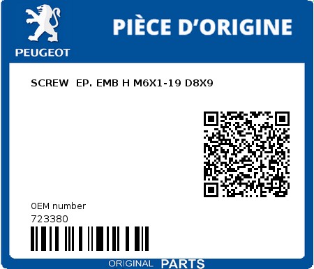 Product image: Peugeot - 723380 - SCREW  EP. EMB H M6X1-19 D8X9  0