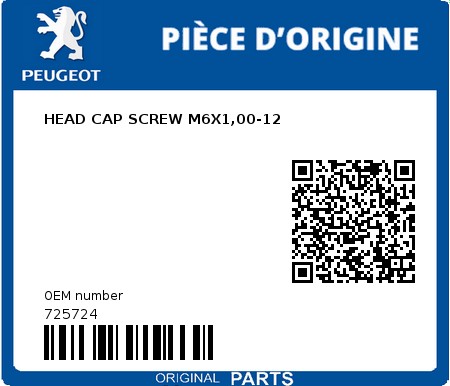 Product image: Peugeot - 725724 - HEAD CAP SCREW M6X1,00-12  0