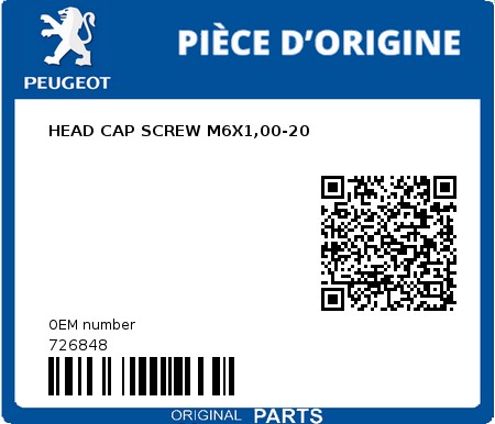 Product image: Peugeot - 726848 - HEAD CAP SCREW M6X1,00-20  0