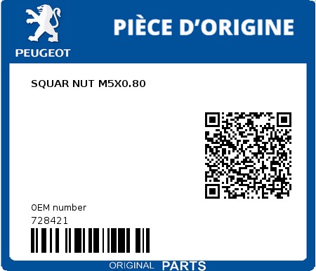 Product image: Peugeot - 728421 - SQUAR NUT M5X0.80  0