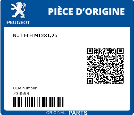 Product image: Peugeot - 734593 - NUT FI H M12X1,25  0