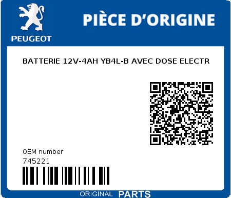 Product image: Peugeot - 745221 - BATTERIE 12V-4AH YB4L-B AVEC DOSE ELECTR  0