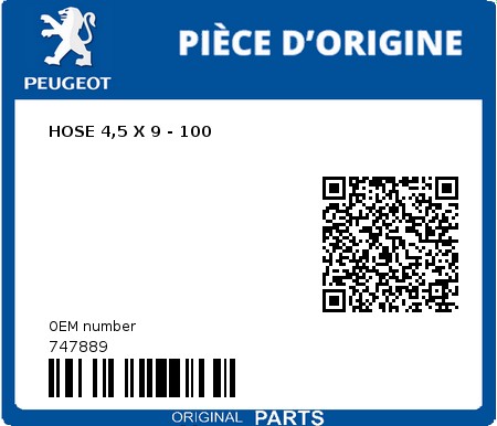 Product image: Peugeot - 747889 - HOSE 4,5 X 9 - 100  0