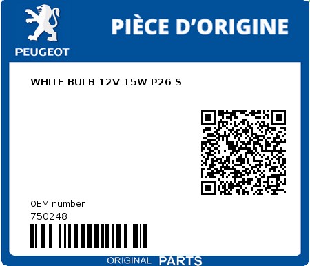 Product image: Peugeot - 750248 - WHITE BULB 12V 15W P26 S  0