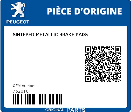 Product image: Peugeot - 752816 - SINTERED METALLIC BRAKE PADS  0